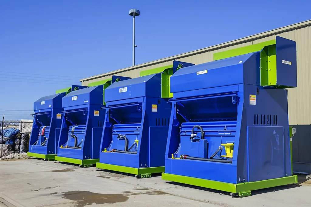 Blue and green industrial waste compactors 