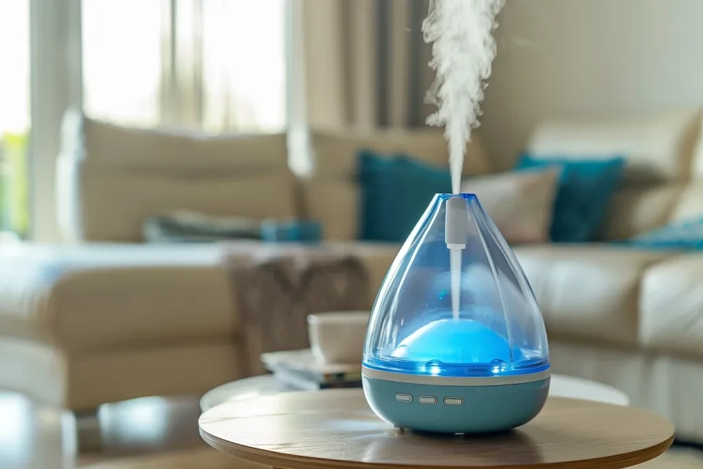 Blue and white drop shaped humidifier on a table in the living room