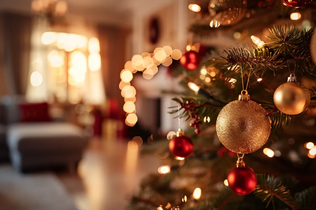 Close up of a Christmas tree with hanging ornaments in front of a blurred out living room