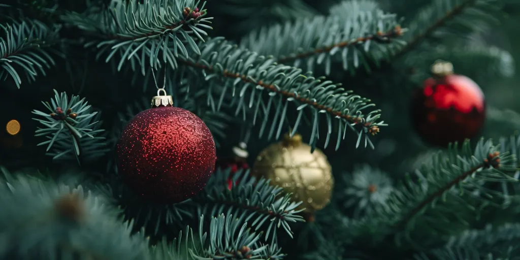 Close up of a Christmas tree with red and gold ornaments on its dark green pine branches
