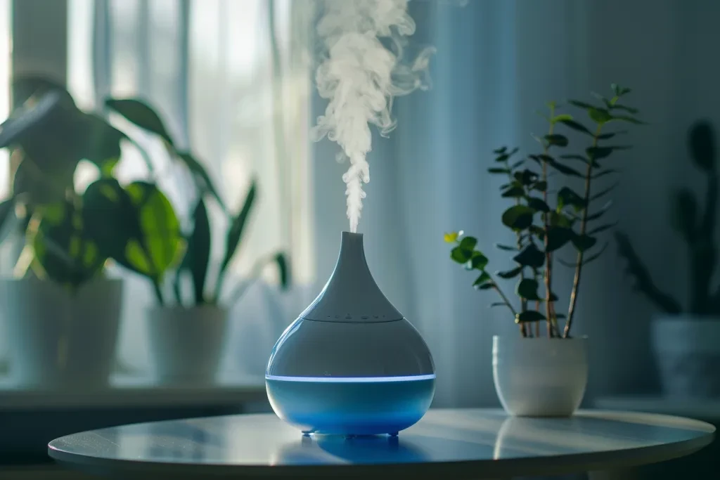 a blue and white humidifier