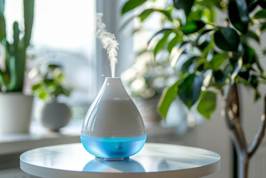 Close up of a white and blue humidifier on a table in a bright room with plants
