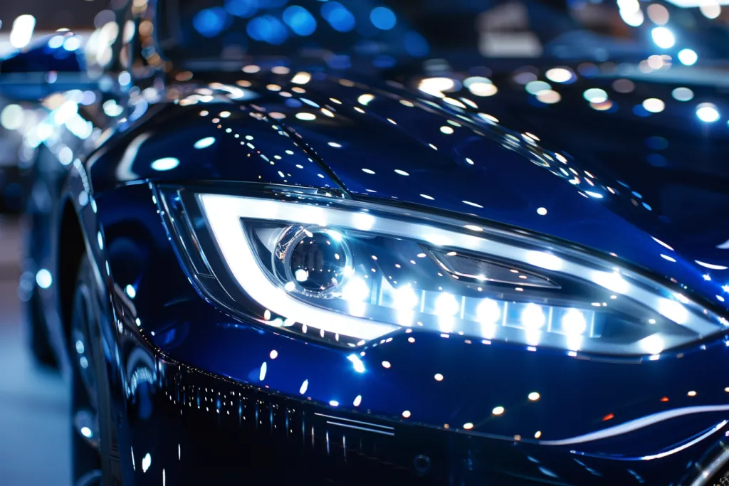 Close up of the headlight on an electric car