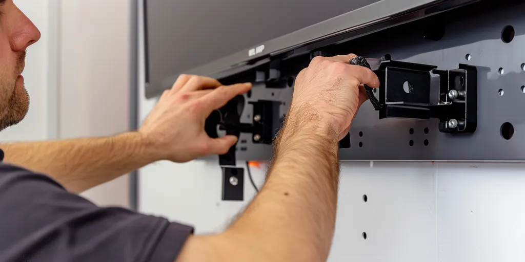 Closeup of a man's hands meticulously protecting a TV wall mount