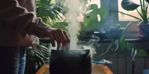 Closeup of a woman's hand turning on a humidifier