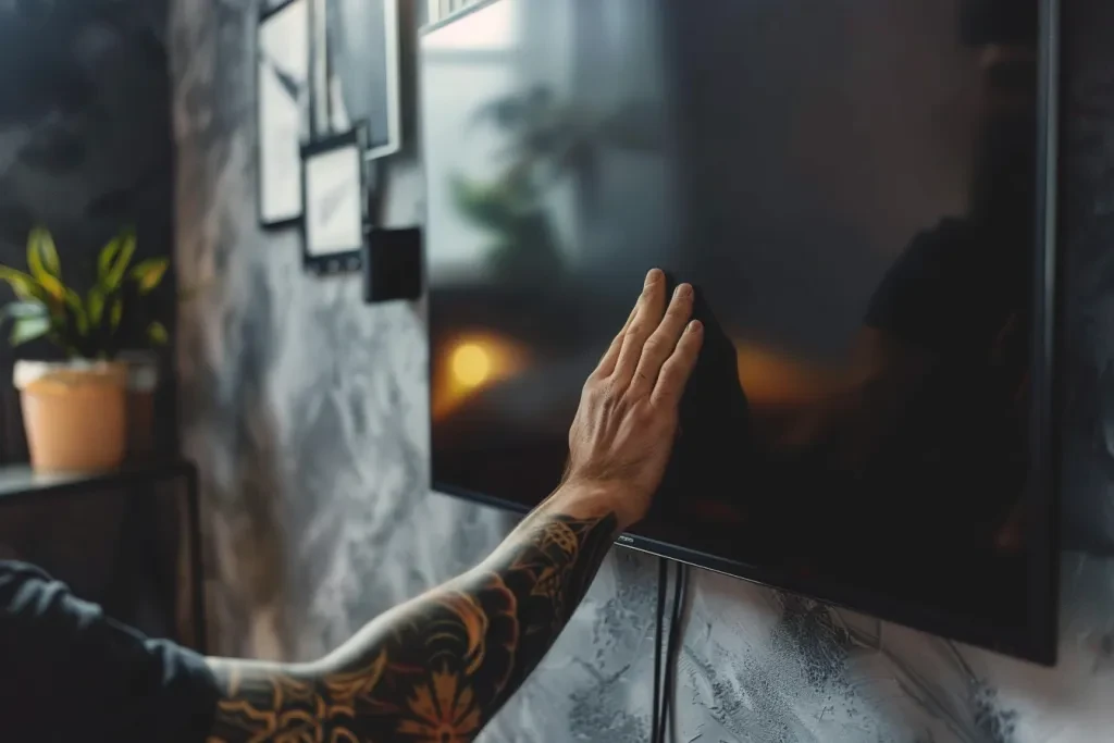 Closeup of hands mounting a TV on a wall