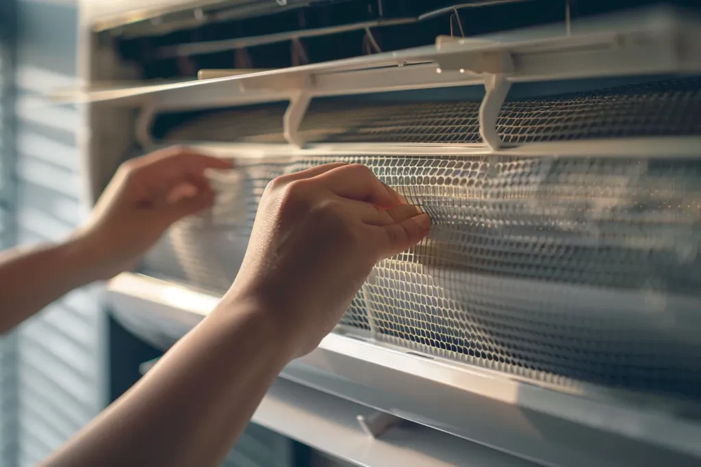 Closeup of hands opening an air conditioner filter panel