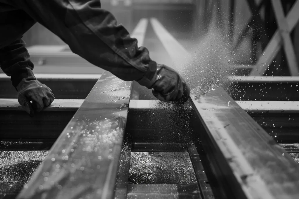 Closeup of worker sanding and cleaning steel beams