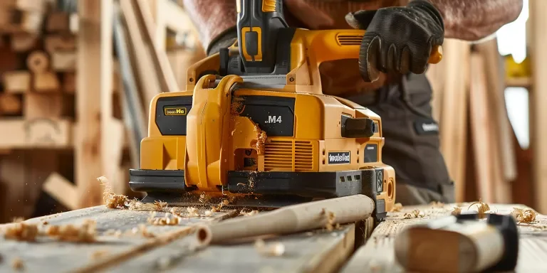 Мужчина с помощью строгального станка обрабатывает очень тонкую древесину на столе