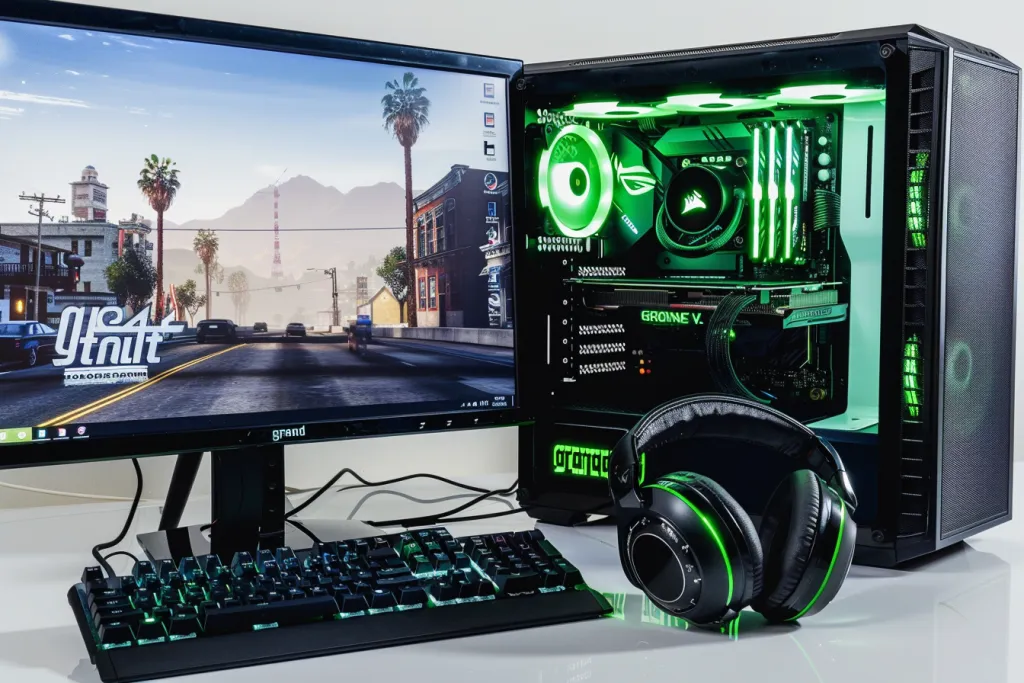 game pc setup with a gaming headset