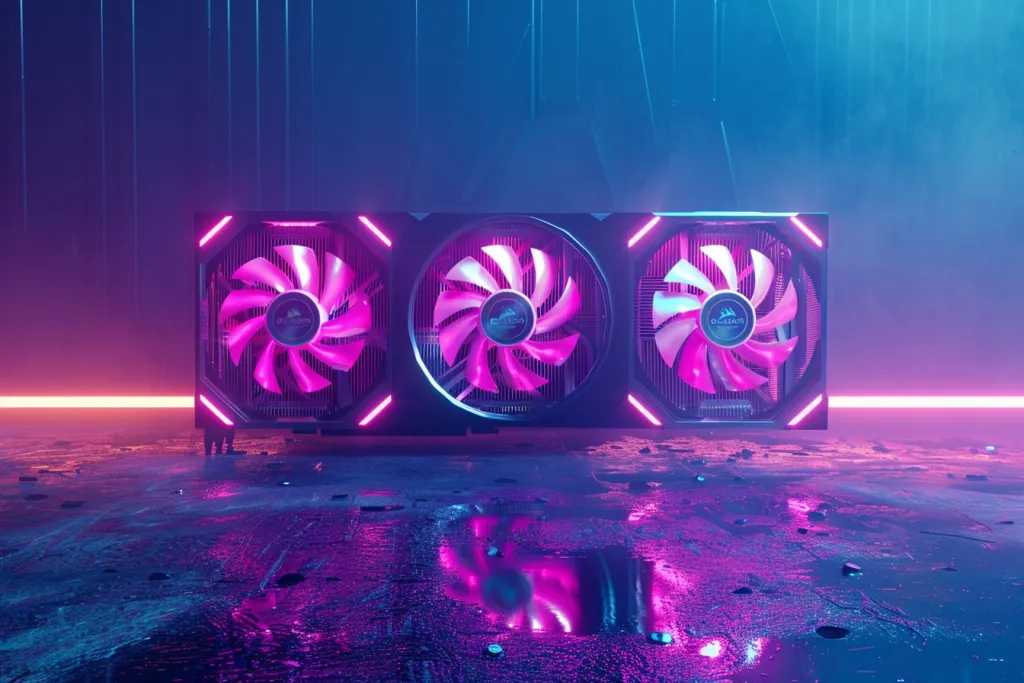 a graphics card with three fans on the front in dark blue and pink neon lights
