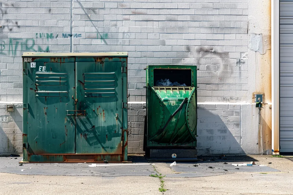 Green Sanitizing flies and something green, large waste bin for shorts