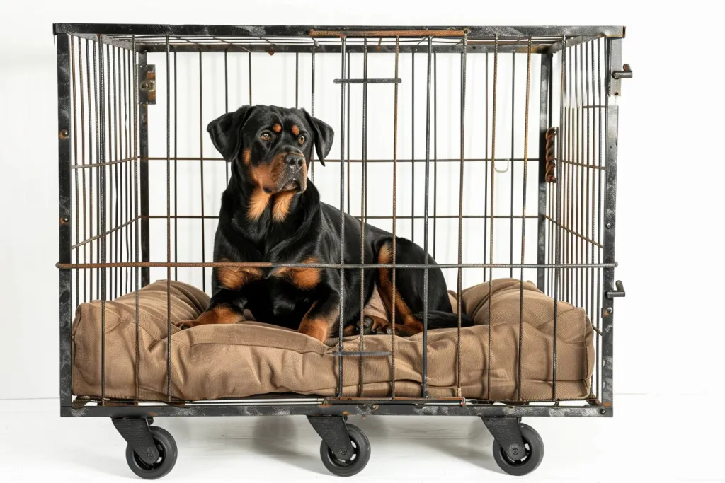 a dog cage with the door open and black feet on the bottom