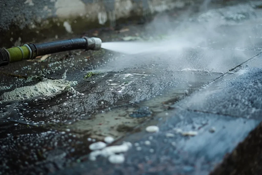 High pressure washing of concrete with white water