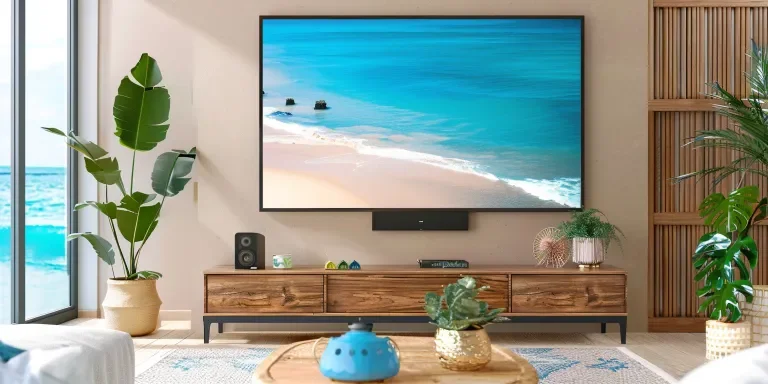 there is an LED TV hanging on one wall of brown color