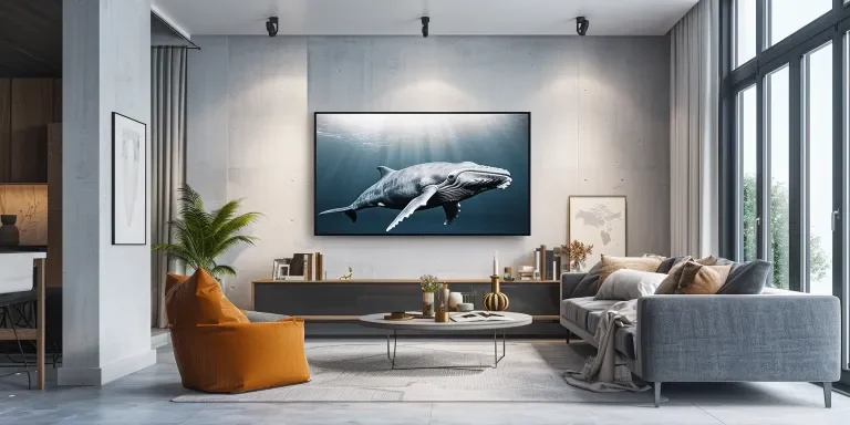 there is an oversized flat screen TV hanging on the wall