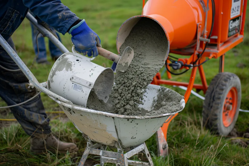 there is gray cement in an orange concrete mixer