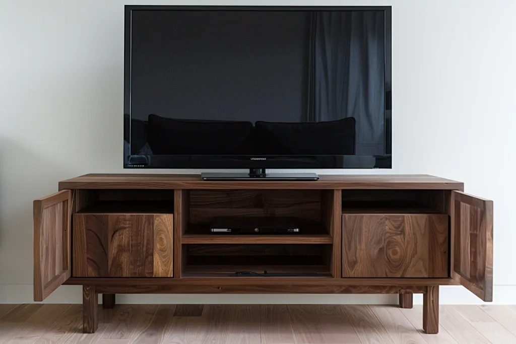 Modern rustic solid wood TV stand with open doors