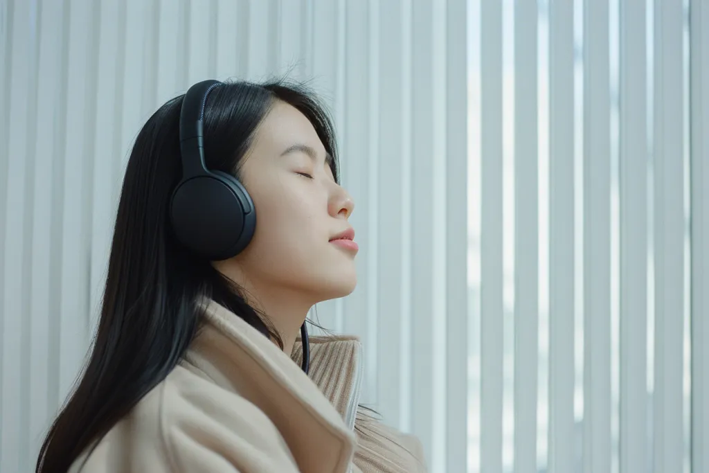 Photo of an Asian woman wearing overear headphones