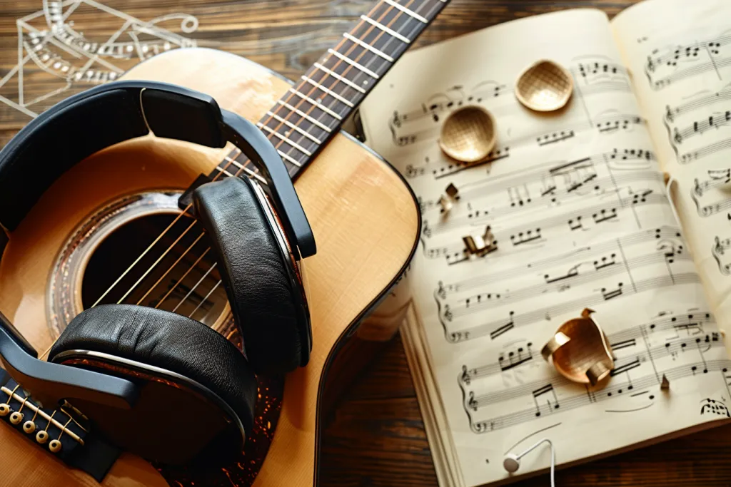 Photo of an acoustic guitar, headphones and sheet music on the table