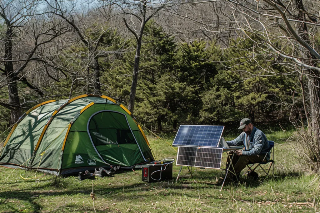 Photograph of a solar powered camping setting with a tent