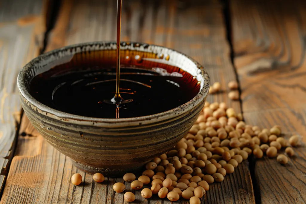 Soy sauce is poured into the bowl