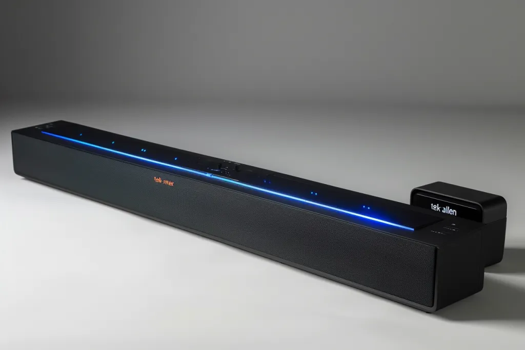 A long black soundbar sitting on top of an TV stand