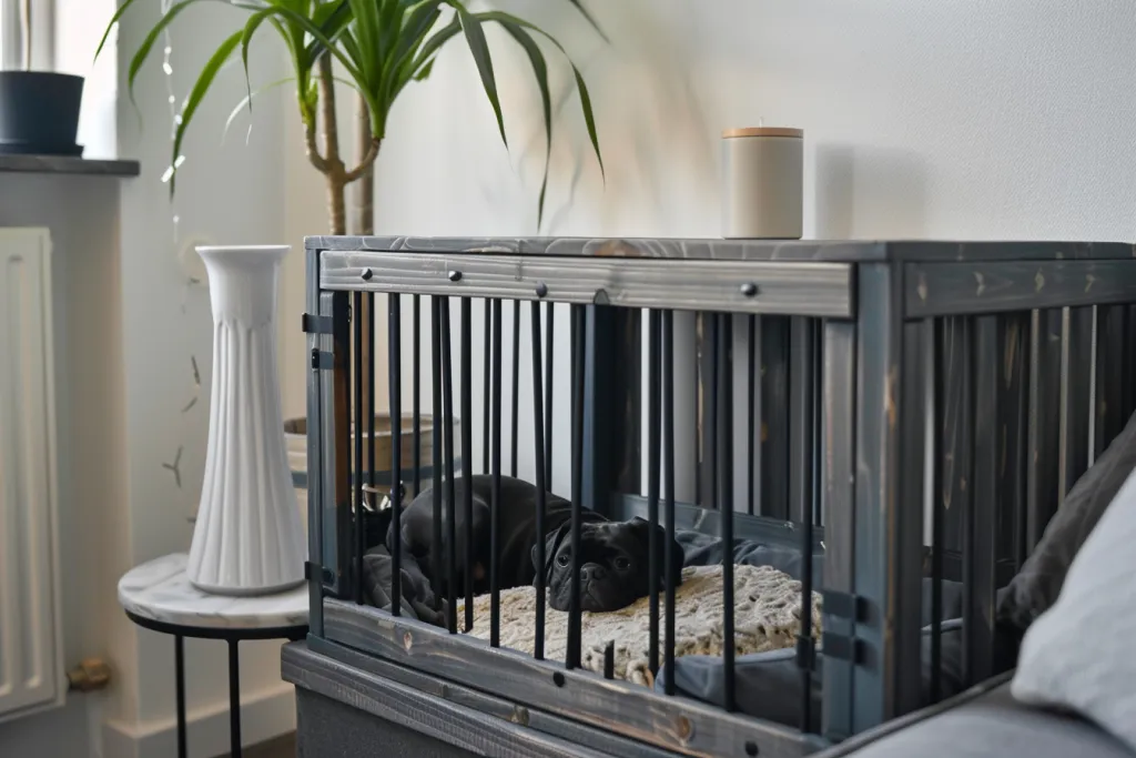The dog cage is made of gray wood and has black slats on the side