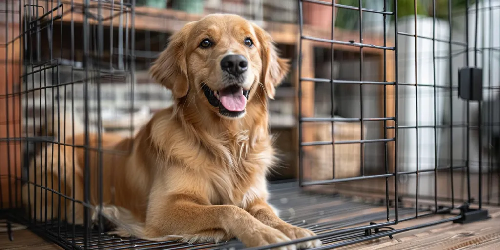 The large dog-sized black wire cage is shown with the golden retriever sitting in it