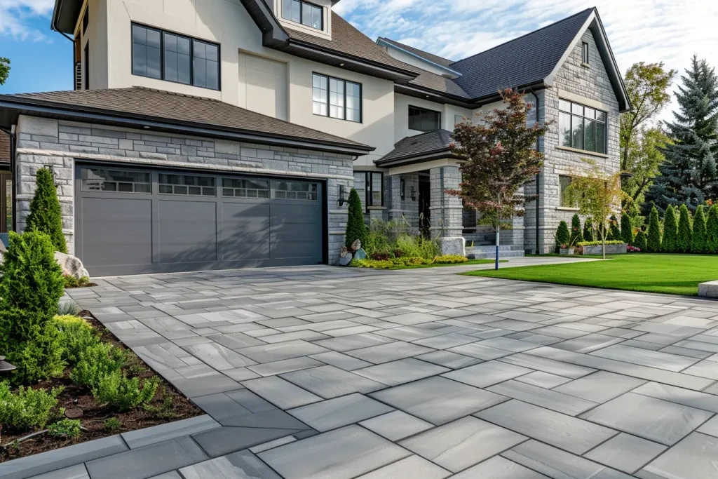 The mapping of a perfectly arranged grey paver driveway with a garage door
