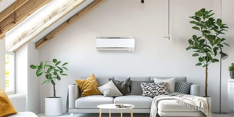 The wall is white and the air conditioner has been mounted on it in an attic