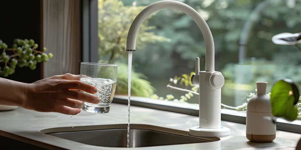 The water filter is mounted on the faucet of an in-home kitchen sink