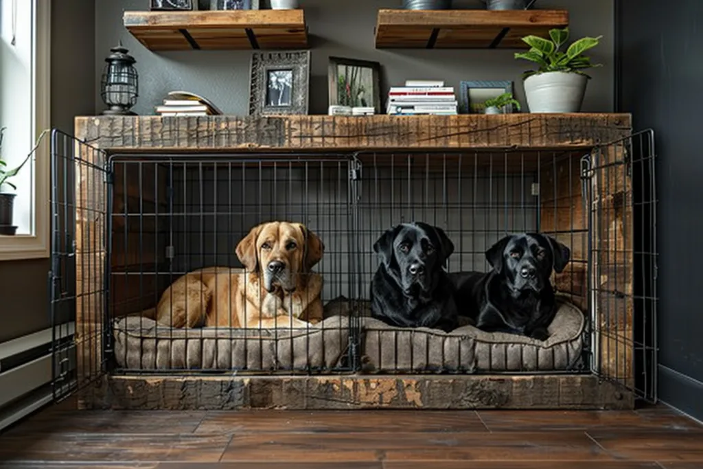 This dog cage is made of metal and wood
