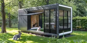 This gray and white large rabbit hooded house with a small roof is in the middle of an outdoor area