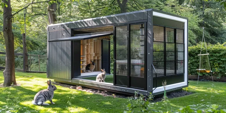 This gray and white large rabbit hooded house with a small roof is in the middle of an outdoor area