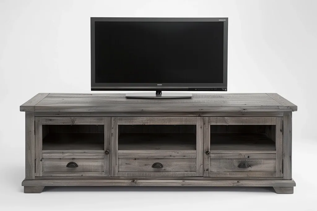 This weathered gray television stand features two deep drawers