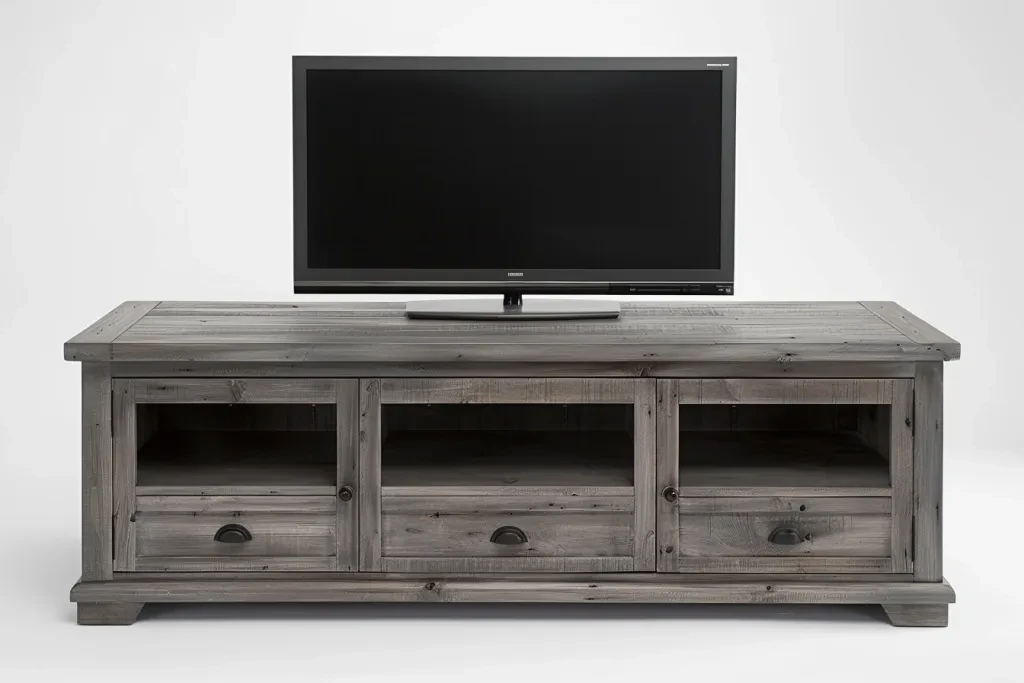 This weathered gray television stand features two deep drawers