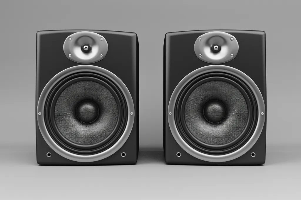 Two large plain gray speakers with black rims
