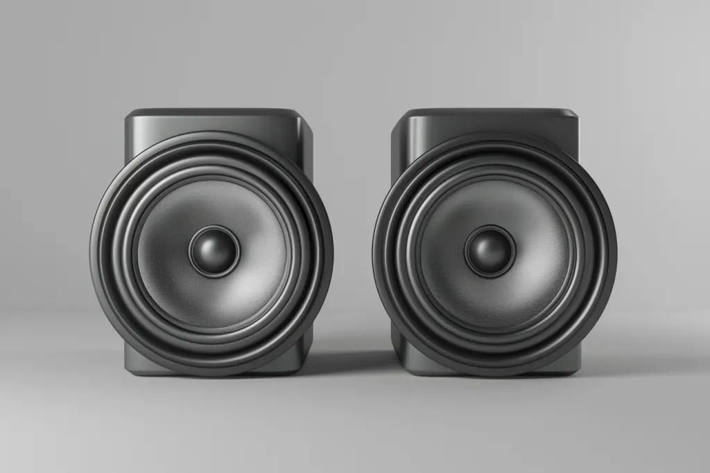 two black subwoofers in grey background