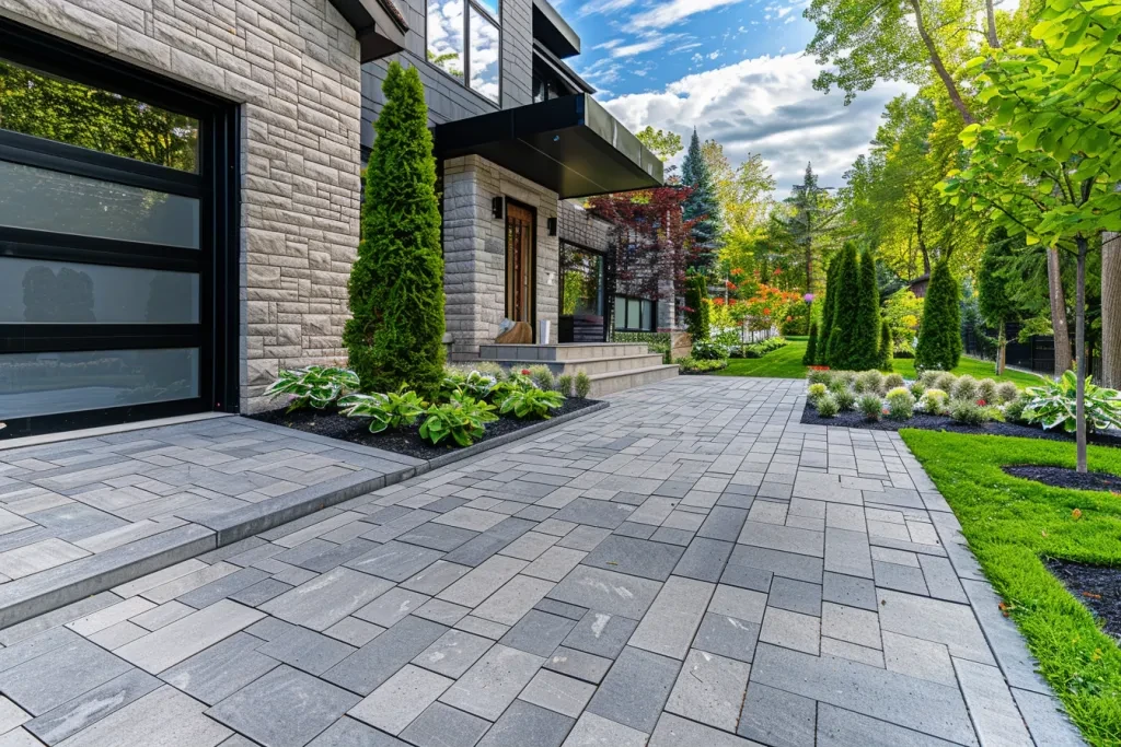 bright scenic view of the front yard with a perfect installation of a paver driveway
