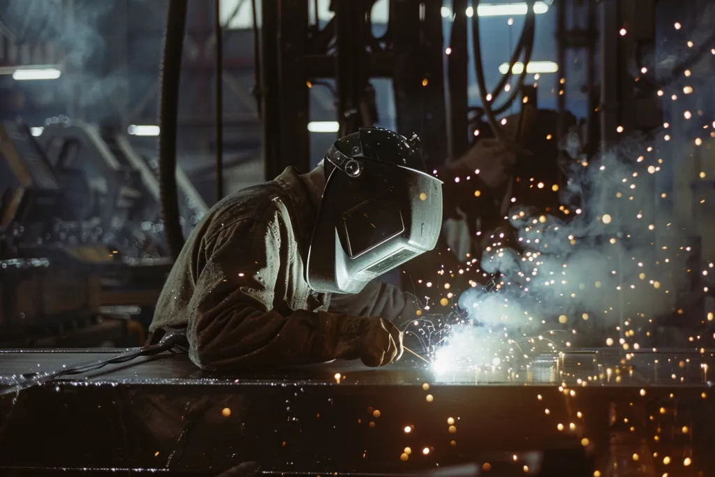 flux core welding of steel in an industrial setting