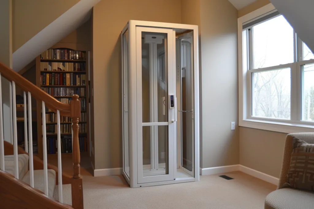 White plastic home lift with glass doors in the corner of an attic room