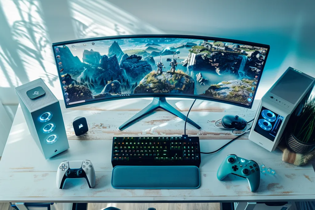 gaming pc with large monitor and keyboard on the desk