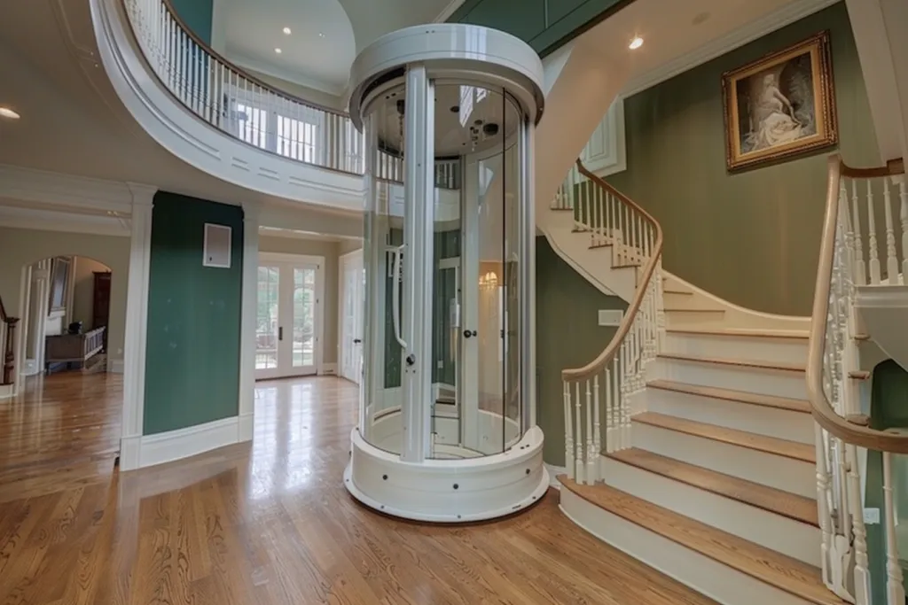 a glass and white circular home elevator in the middle of an open layout with stairs on one side