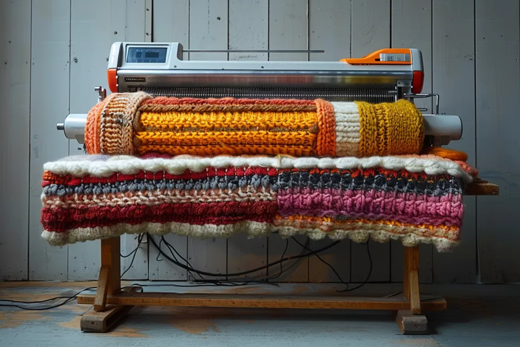 a knitting machine with an electric iron on top of it and the table