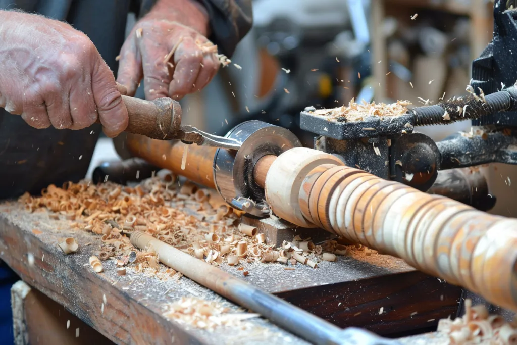 a person using an electric wood lathe to create wooden flue pipes