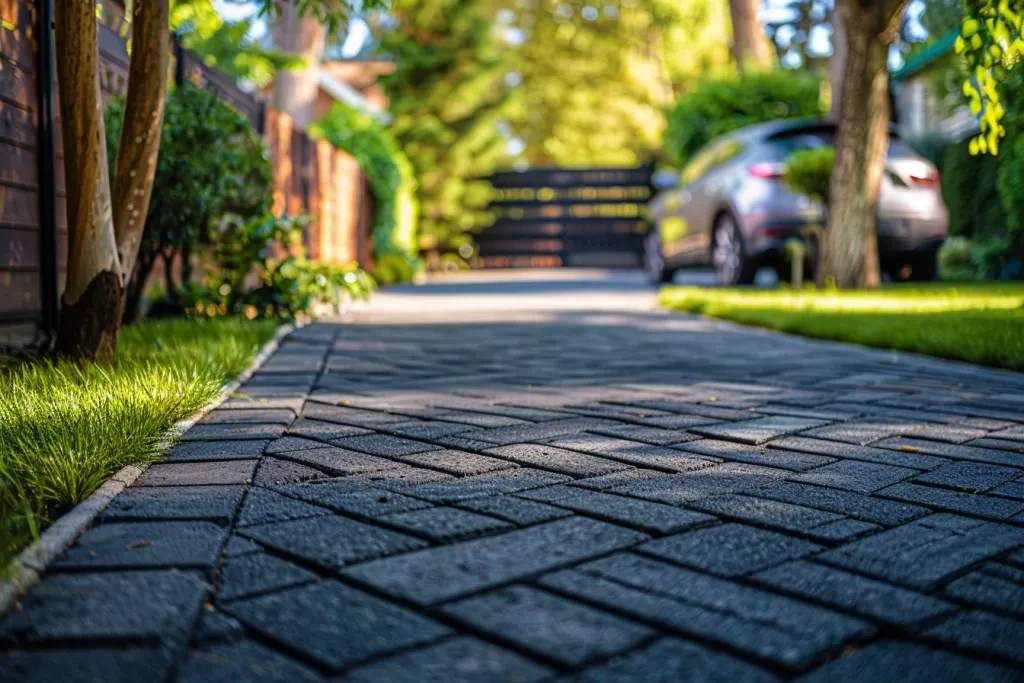 a photo of an asphalt driveway with large, rectangular pavers