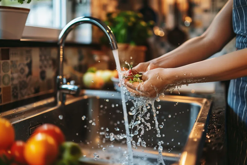 a photo of hands turning on the tap
