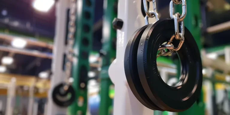 a photo of the white and green olympic pulley with black chains