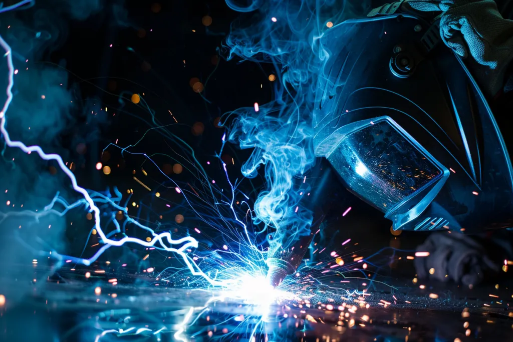a photo of welding with electric light blue sparks
